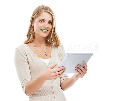 Buy stock photo Portrait, smile and woman with a tablet, typing and internet isolated on a white studio background. Face, person and model with technology, mockup space and social media with digital app and network