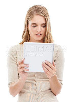 Buy stock photo Woman, reading and tablet in studio with social networking, online blog and tech app with white background. News, email and digital scroll with information for web search, media and internet article