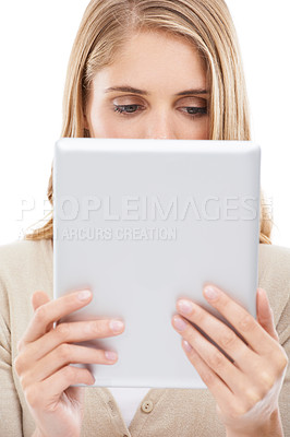 Buy stock photo Woman, reading and tablet in studio with social media, online blog and tech app with white background. News, email and digital scroll with information for web search, media and internet article