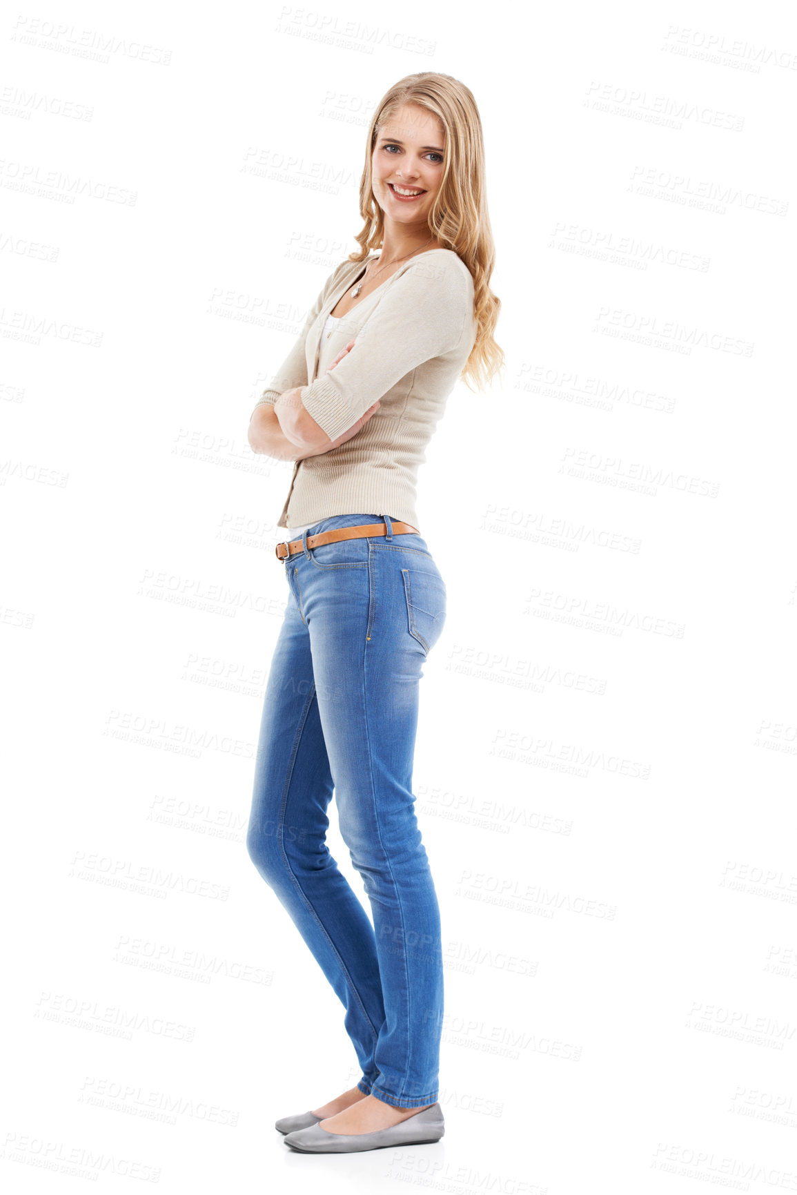 Buy stock photo Woman, portrait and arms crossed with fashion in studio for empowerment, positive mindset or happy. Model, person and confident with casual outfit, trendy clothes or mock up space on white background