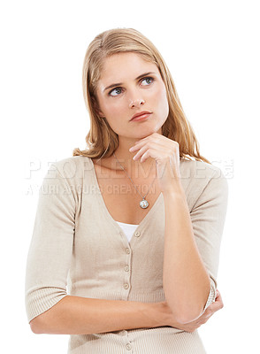 Buy stock photo Woman, ideas and thinking in studio for choice of insight, planning future decision and daydream on white background. Curious model brainstorming solution, remember memory and options of questions 