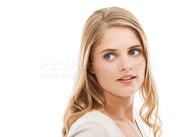 Buy stock photo Woman, face and thinking in studio of idea or serious, wondering or daydreaming on mock up space. Model, person and thoughtful on white background with solution, contemplating or problem expression  