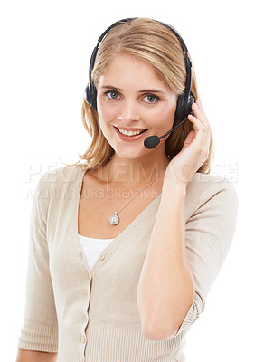 Buy stock photo Call center, woman and portrait in studio for customer service, CRM questions or sales support on white background. Happy telemarketing agent, consultant and microphone for communication, FAQ or help