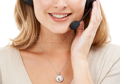 Buy stock photo Call center, happy woman and mouth in studio of consultant for customer service, CRM support or FAQ questions on white background. Closeup, face and telemarketing agent with microphone for IT contact