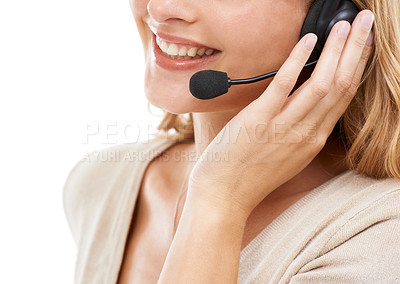 Buy stock photo Cropped studio shot of a young woman talking on a headset isolated on white