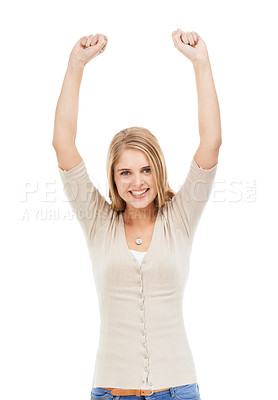 Buy stock photo Woman, smile and celebration with portrait in studio for winner or success notification on mock up space. Person, happy and arms raised for achievement, promotion or bonus sale on white background