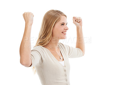 Buy stock photo Woman, happy and celebration with hands in studio for winner, success notification or lottery champion. Person, excited and arms raised for achievement, promotion or bonus sale on white background