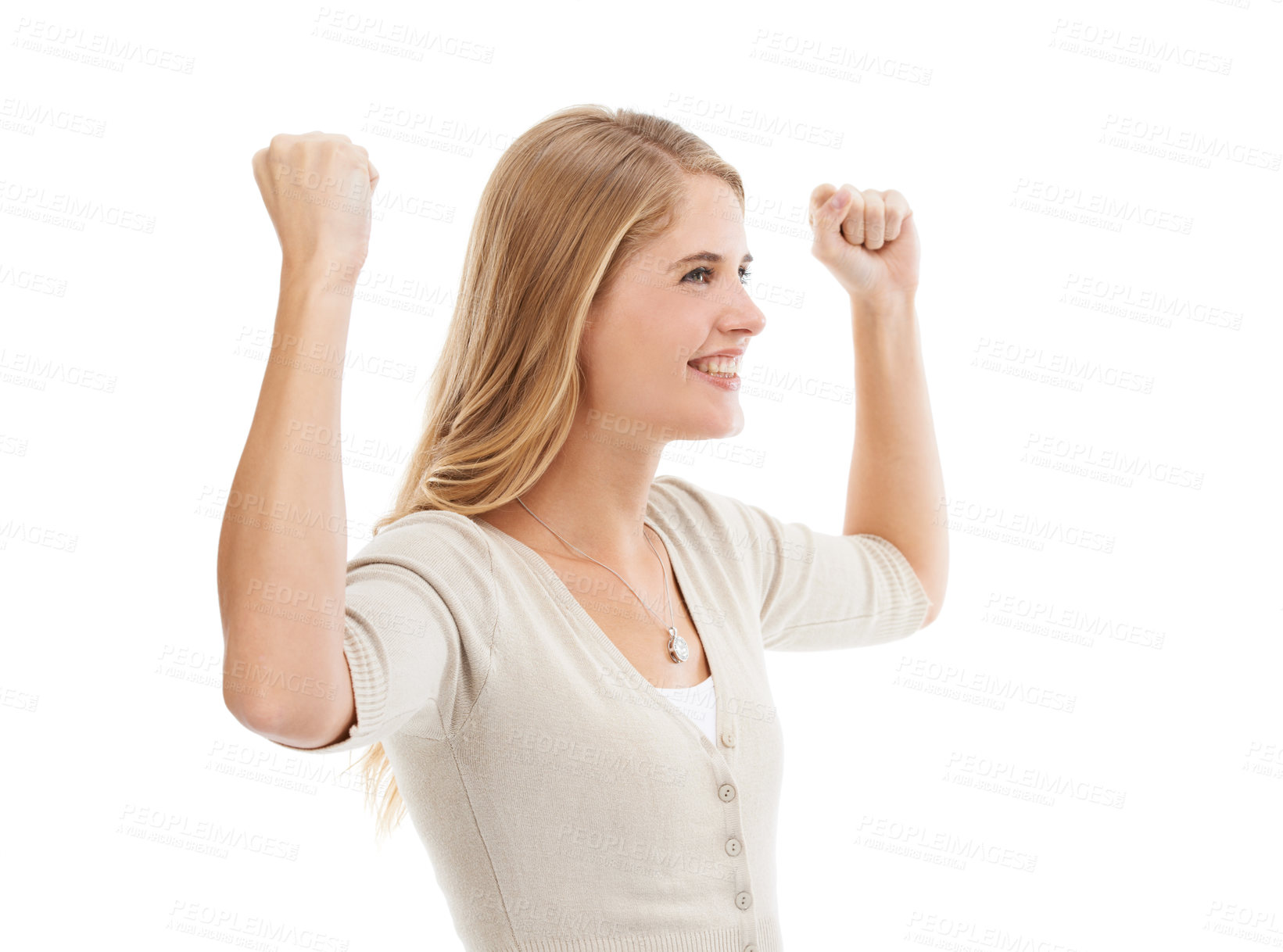 Buy stock photo Woman, happy and celebration with hands in studio for winner, success notification or lottery champion. Person, excited and arms raised for achievement, promotion or bonus sale on white background