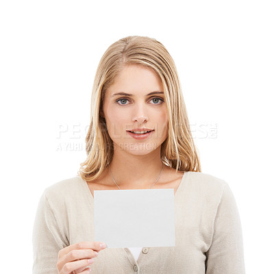 Buy stock photo Portrait, woman and card with blank poster, promotion and opportunity isolated on a white studio background. Face, person and model with mockup space, announcement and billboard with info and review