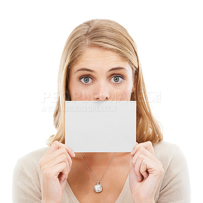 Buy stock photo Blank, card and face of woman with sign for question or poster in white background and mockup. Studio, space and person with a empty signage for information on choice, decision or cardboard paper