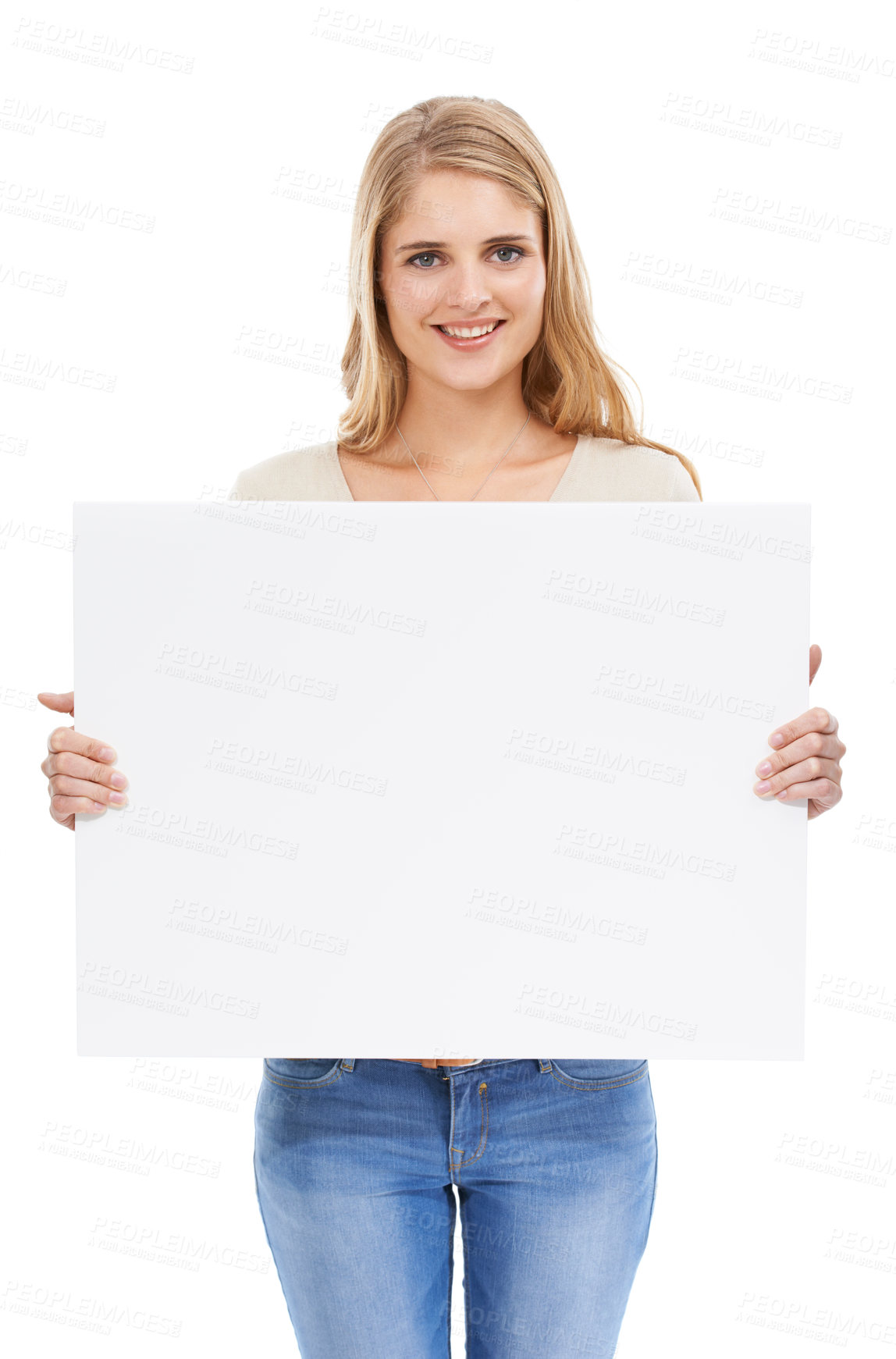 Buy stock photo Portrait, woman and announcement with blank poster, promotion and opportunity isolated on a white studio background. Face, person and model with mockup space, feedback and billboard with information