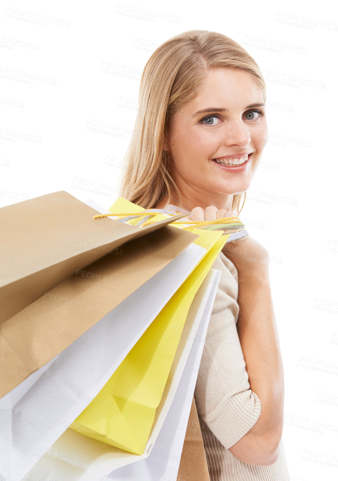 Buy stock photo Portrait, woman and shopping bag in studio for happy retail sales, financial freedom and commerce savings on white background. Rich customer buying gifts for deal, mall discount and promotional offer