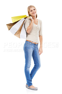 Buy stock photo Happy portrait, woman or shopping bag in studio of retail discount, financial freedom or fashion savings on white background. Wealthy customer buying gifts for commerce deal, sales promotion or offer