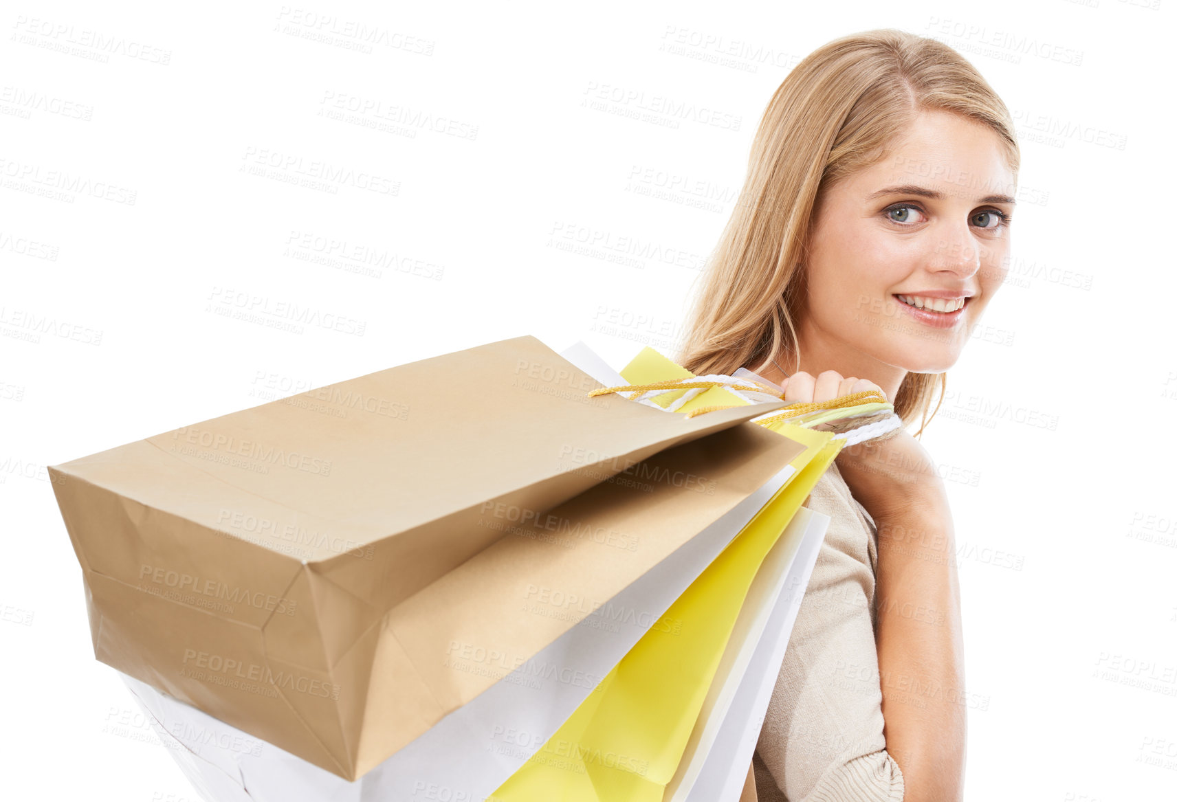 Buy stock photo Happy portrait, woman or shopping bag in studio for retail discount, financial freedom or commerce savings on white background. Wealthy customer buying gifts for deal, sales offer or mockup promotion