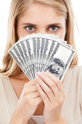 Buy stock photo Face, woman and money fan for finance, prize or reward with achievement or success on white background. Winner with cash in hands, eyes and dollar bills for financial freedom with bonus in studio