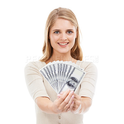 Buy stock photo Happy woman, portrait and money fan in studio for giveaway, gambling and financial freedom on white background. Wealthy winner, bills and investment of lottery bonus, cashback savings and rich reward
