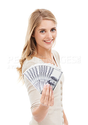 Buy stock photo Portrait, woman and money fan in studio for giveaway, gambling and financial freedom on white background. Happy winner, bills and wealthy prize for lottery bonus, cashback savings and finance reward