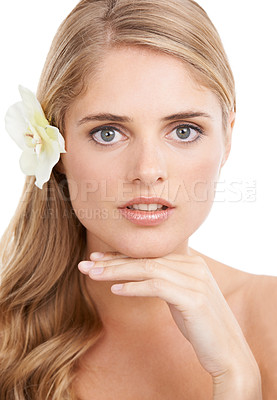 Buy stock photo Woman, portrait and beauty in studio with flower, confidence and pride for cosmetic treatment or glow. Model, person or face with hand for haircare organic skincare, or self care on white background