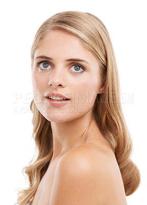 Buy stock photo Thinking, ideas and woman with questions, skincare and shine isolated on a white studio background. Person, brainstorming and model with wonder, cosmetics and thoughts with promotion, glow and emoji