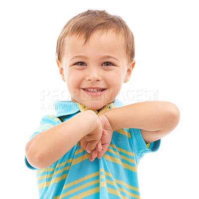 Buy stock photo Happy, boy and portrait of child in studio, white background and fashion in mockup space. Kid, face and smile with wellness, confidence and pride to start kindergarten with trendy style and outfit