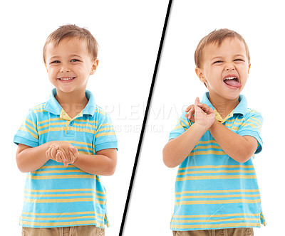 Buy stock photo Child, two personality and mood happy or naughty boy in studio, white background or mockup space. Male person, kid and portrait or learning development for expression behavior, opposite or comparison