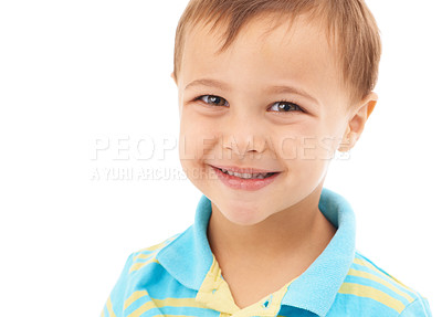 Buy stock photo Child, smile and portrait of boy in studio, white background and fashion in mockup space. Kid, face and happy with wellness, confidence and pride to start kindergarten with trendy style and outfit