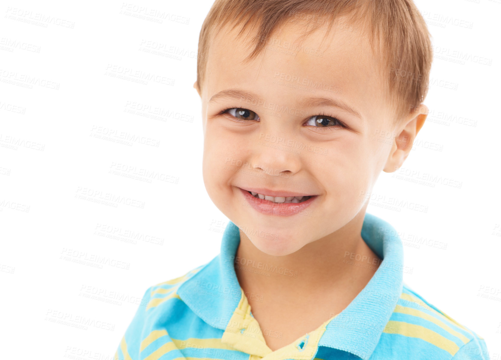 Buy stock photo Child, smile and portrait of boy in studio, white background and fashion in mockup space. Kid, face and happy with wellness, confidence and pride to start kindergarten with trendy style and outfit