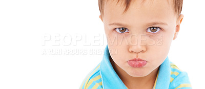 Buy stock photo Boy child, sad and studio portrait with mockup space for mental health promotion by white background. Kid, face and person with headshot for banner, depression or frustrated with fear, moody or upset