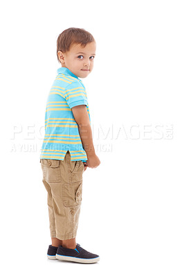 Buy stock photo Child, portrait and guilty of mistake in studio or white background, mockup or development. Male person, model and sneaky face kindergarten or nervous student as naughty problem, uncertain or worried