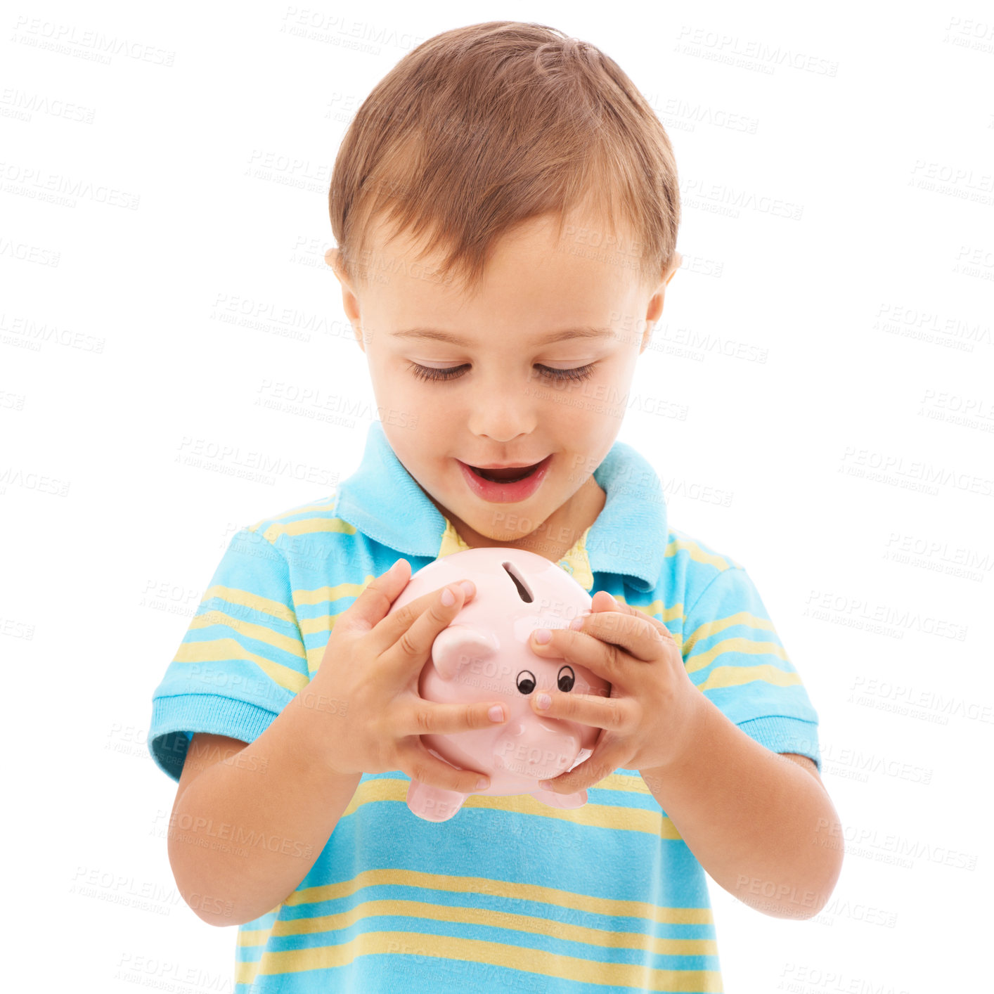 Buy stock photo Kid, boy and piggy bank for change, finance and smiling in studio by white background. Happy male person, child and money box for future, investing and cash growth in container, savings and security