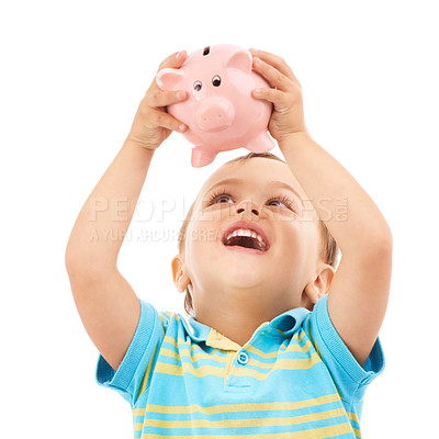 Buy stock photo Boy child, piggy bank and happy in studio with thinking, money and savings by white background. Kid, box or animal toy for coins, cash and learning to invest for wealth, future or financial security