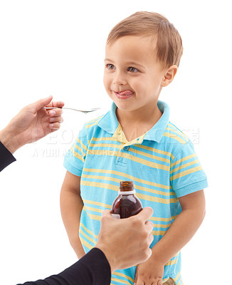 Buy stock photo Hands, medicine bottle and spoon for child in studio, sad and thinking with tongue by white background. Kid, mother and liquid for healthcare, pharmaceutical product and helping sick boy for wellness