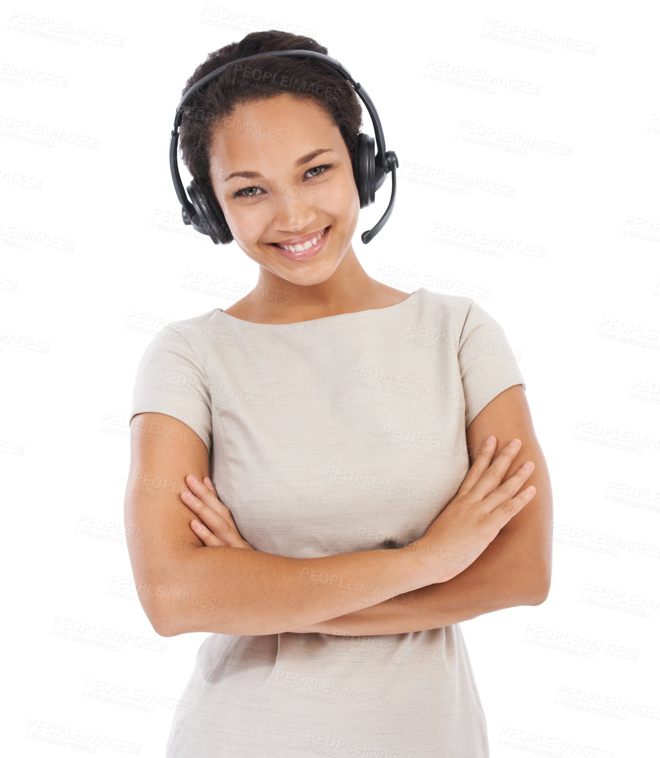 Buy stock photo Black woman, studio portrait and call center with arms crossed, communication and white background. Isolated crm expert, happy telemarketing and consultant for customer support, tech and success