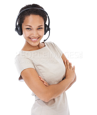 Buy stock photo Black woman, studio portrait and arms crossed for telemarketing with headphones, communication and white background. Isolated crm consultant, call center and woman for customer service, tech and goal