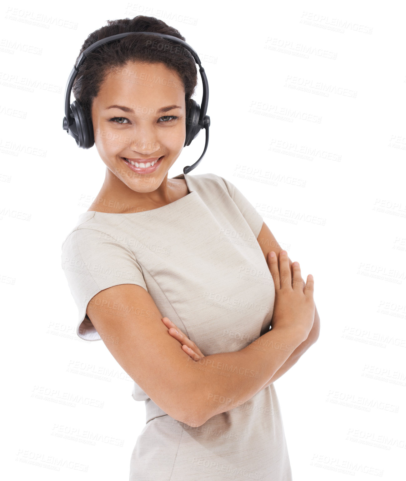 Buy stock photo Black woman, studio portrait and arms crossed for telemarketing with headphones, communication and white background. Isolated crm consultant, call center and woman for customer service, tech and goal