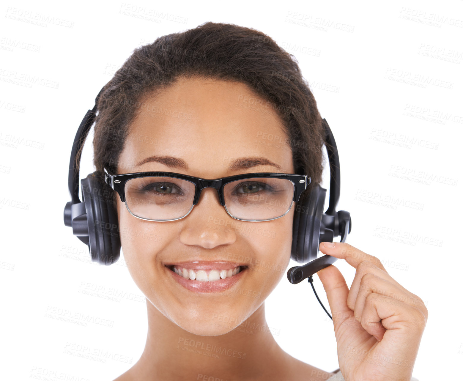 Buy stock photo Woman, studio headshot and call center with smile, communication and white background. Isolated crm expert, telemarketing headphones and black woman with customer support, contact us and motivation