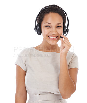 Buy stock photo Woman, studio portrait and call center headphones with smile, communication and white background. Isolated crm consultant, happy telemarketing and black woman for customer support, tech and success