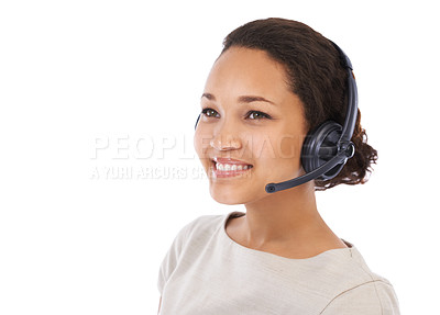 Buy stock photo Contact us, customer support and woman mockup for crm call center with a happy smile. White background, studio and black woman employee with headset for customer support work and isolated mock up