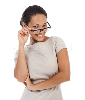 Buy stock photo Portrait, business and black woman with glasses, smile and ceo isolated on white studio background. Female employee, lady and entrepreneur with eyewear, clear vision and corporate success on backdrop