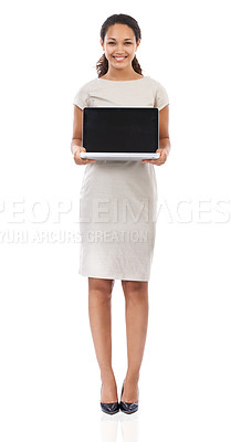 Buy stock photo Business women in portrait, mockup with laptop, technology and corporate communication, email and networking with internet. Black woman with laptop screen, professional marketing for pc or company