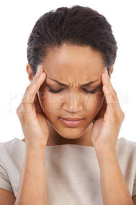 Buy stock photo Headache, business woman and stress of a model face feeling anxiety and job burnout. White background, isolated and black woman with fatigue from work, overtime and corporate tax job problem