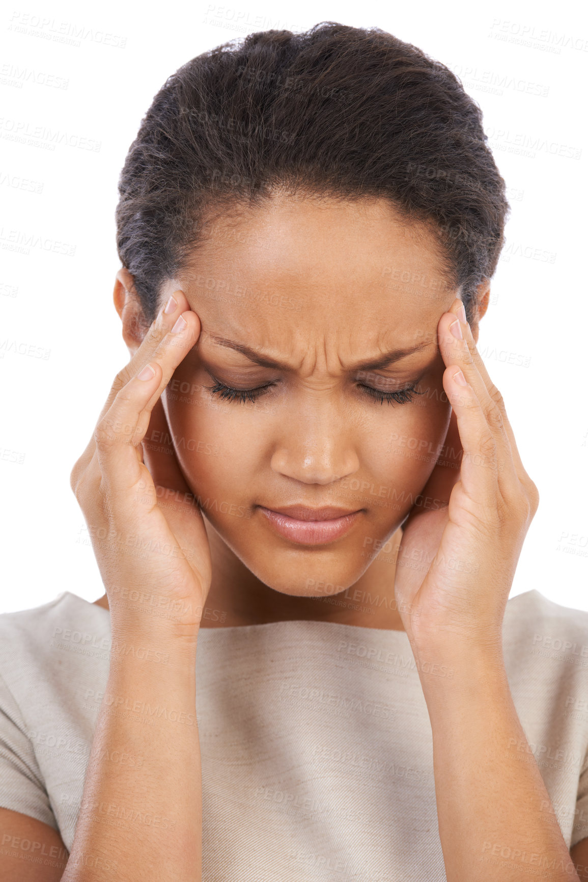 Buy stock photo Headache, business woman and stress of a model face feeling anxiety and job burnout. White background, isolated and black woman with fatigue from work, overtime and corporate tax job problem