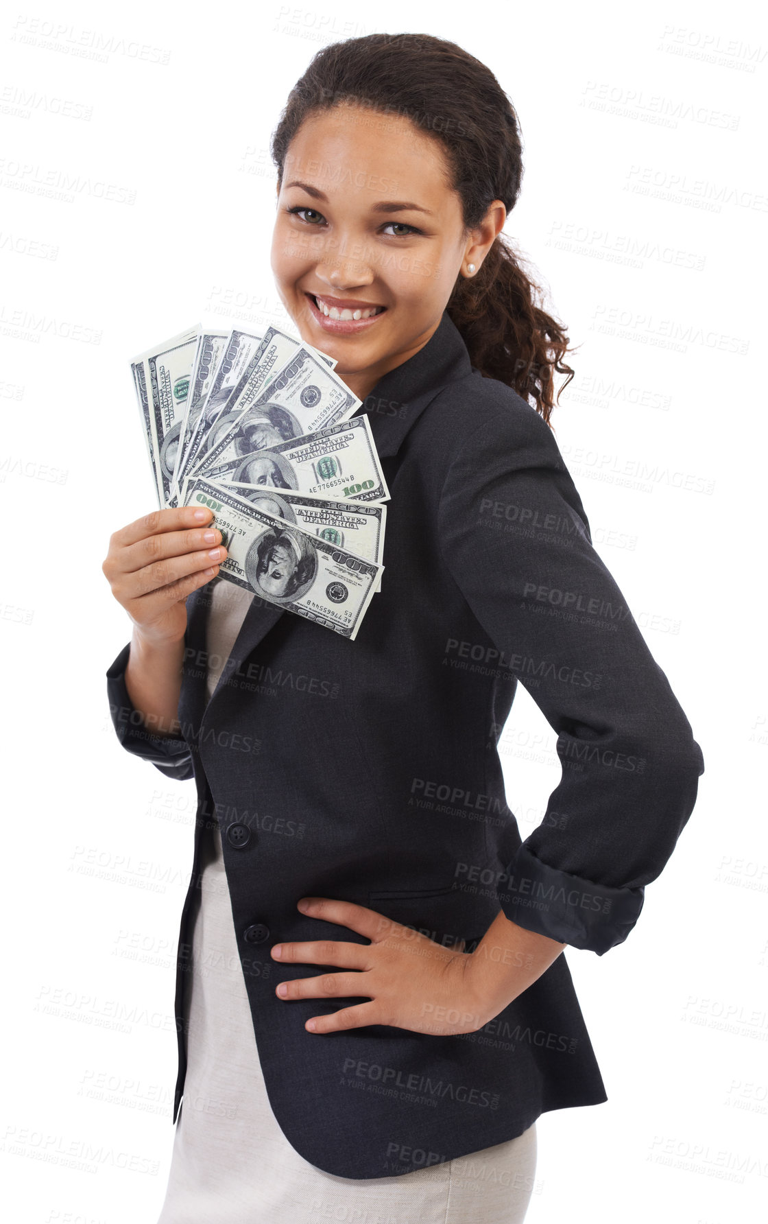 Buy stock photo Business woman, cash with money and dollar in portrait, wealth and corporate finance isolated on white background. Financial company, black woman with savings, invest and banking with bonus reward