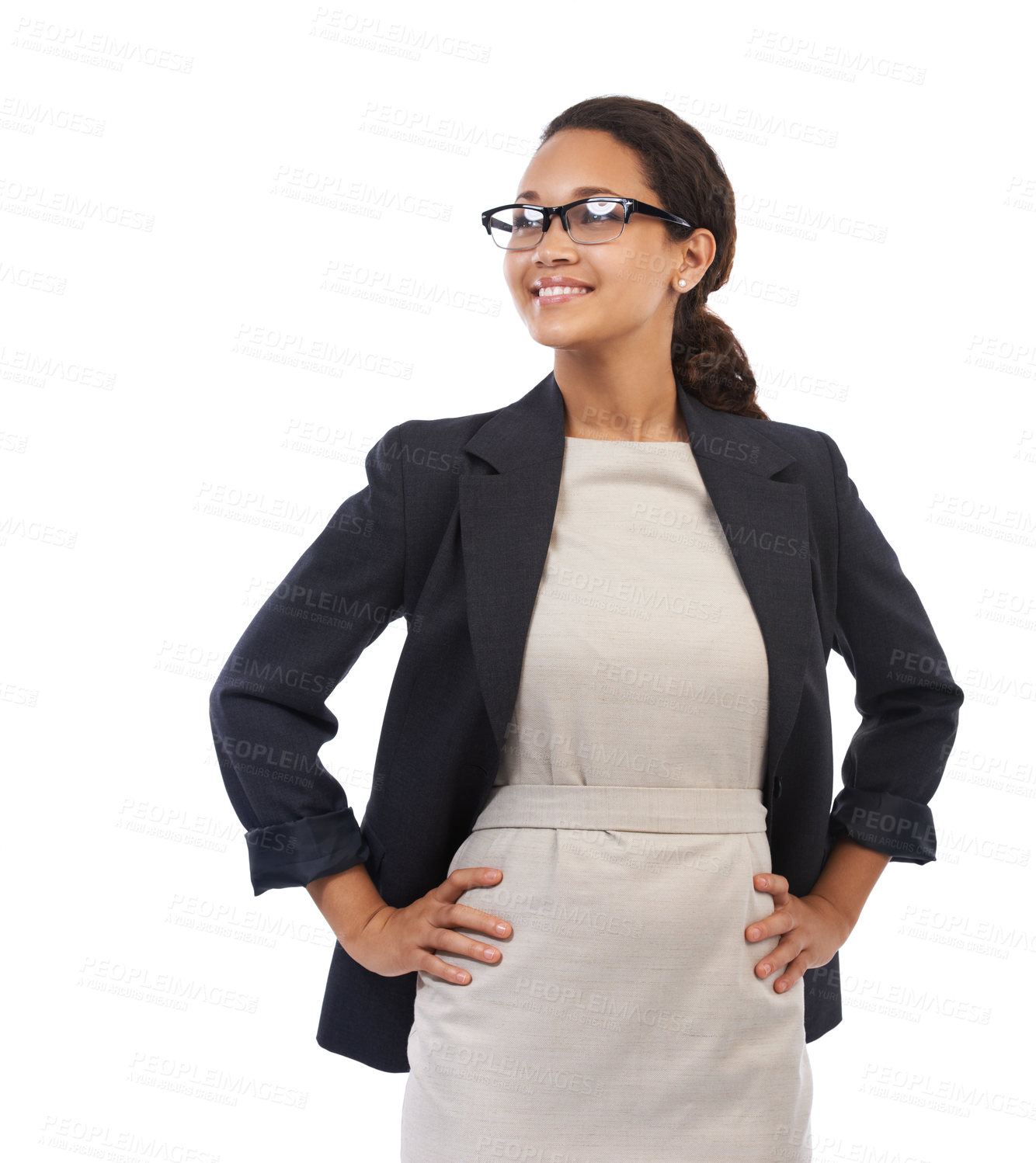 Buy stock photo Business woman, proud work and success portrait of a corporate worker in management. Studio, white background and isolated black woman worker smile with glasses, happiness and executive vision 