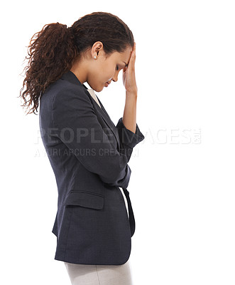 Buy stock photo Stress, business woman headache and work stress of a manager with white background. Corporate worker, burnout and vertical mockup of a entrepreneur frustrated about tax audit anxiety fail isolated