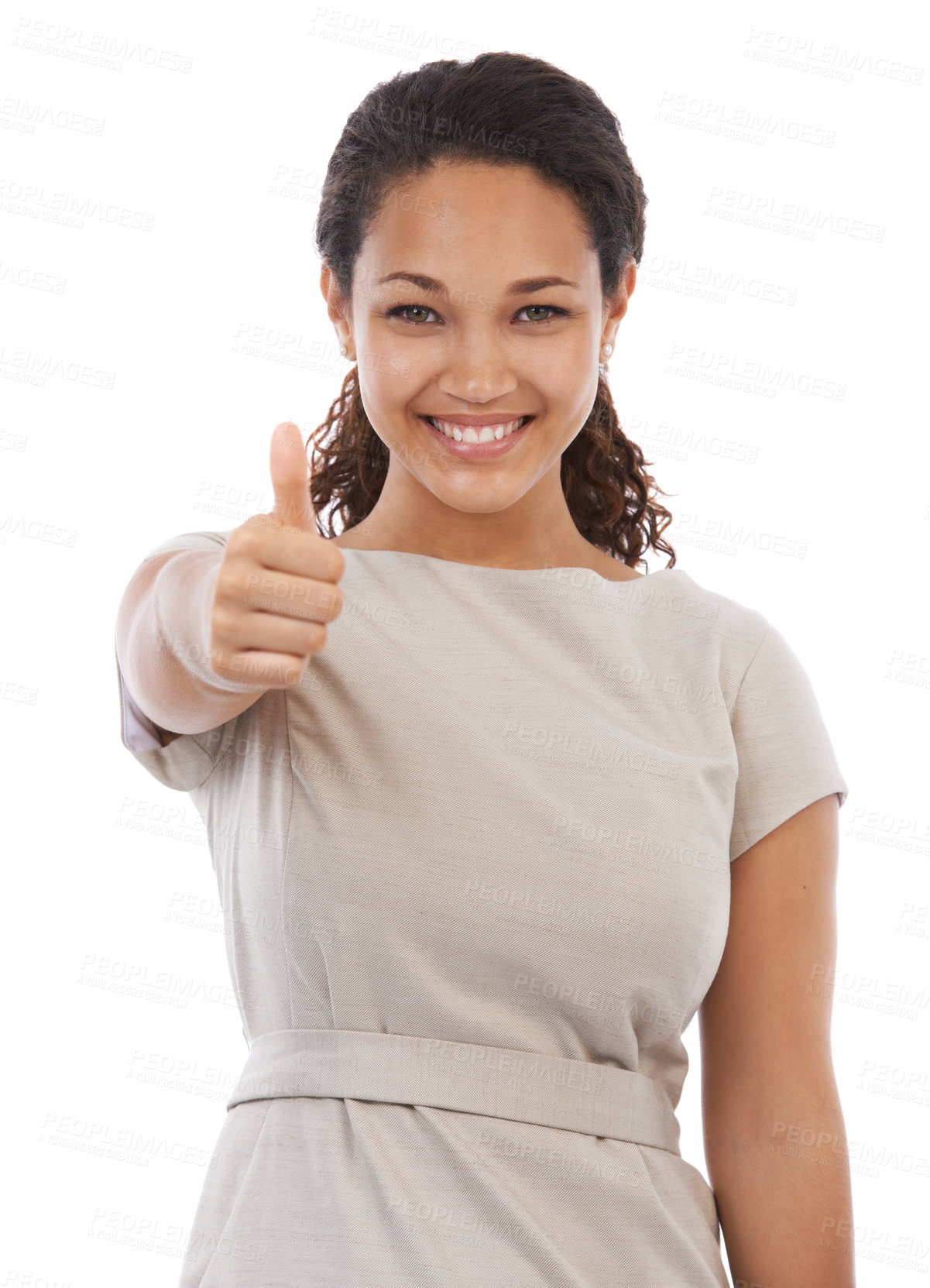 Buy stock photo Thumbs up, satisfaction and studio portrait of black woman with emoji gesture for congratulations, job well done or winner. Agreement, finished and happy girl with yes hand sign on white background