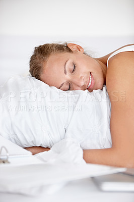 Buy stock photo Happy, woman and relax in bed or sleeping in home with happiness from casual or remote work. Morning, bedroom and calm person hugging duvet with a smile for comfort in apartment with project