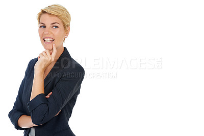 Buy stock photo Business woman in studio, thinking with smile and inspiration for professional startup on mockup. Brainstorming, planning and happy consultant with creative development idea on white background space