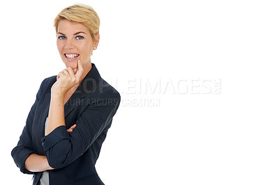 Buy stock photo Portrait of business woman in studio with idea, smile and inspiration for professional startup on mockup. Brainstorming, planning and happy consultant with creative thinking on white background space