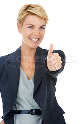 Buy stock photo Portrait of happy businesswoman with thumbs up, smile and vote for deal agreement success in studio. Professional person with hand gesture for good job, gratitude or achievement on white background.